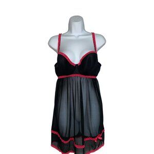 Sz.1X*Always A Flirt*Black/Red Nightie Chemise--Semi-Sheer, Underwire